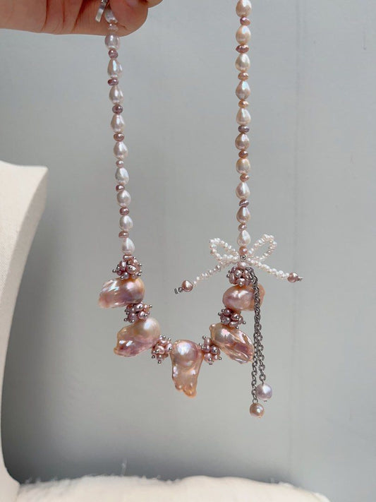 #PN1069 [Floral Series] Freshwater Pearl Necklace | Wisteria| Fishtail Baroque | Baby Pearl Bow Tie Structure | Lustrous | 40+5cm| Natural Defects| You Take The Dominance