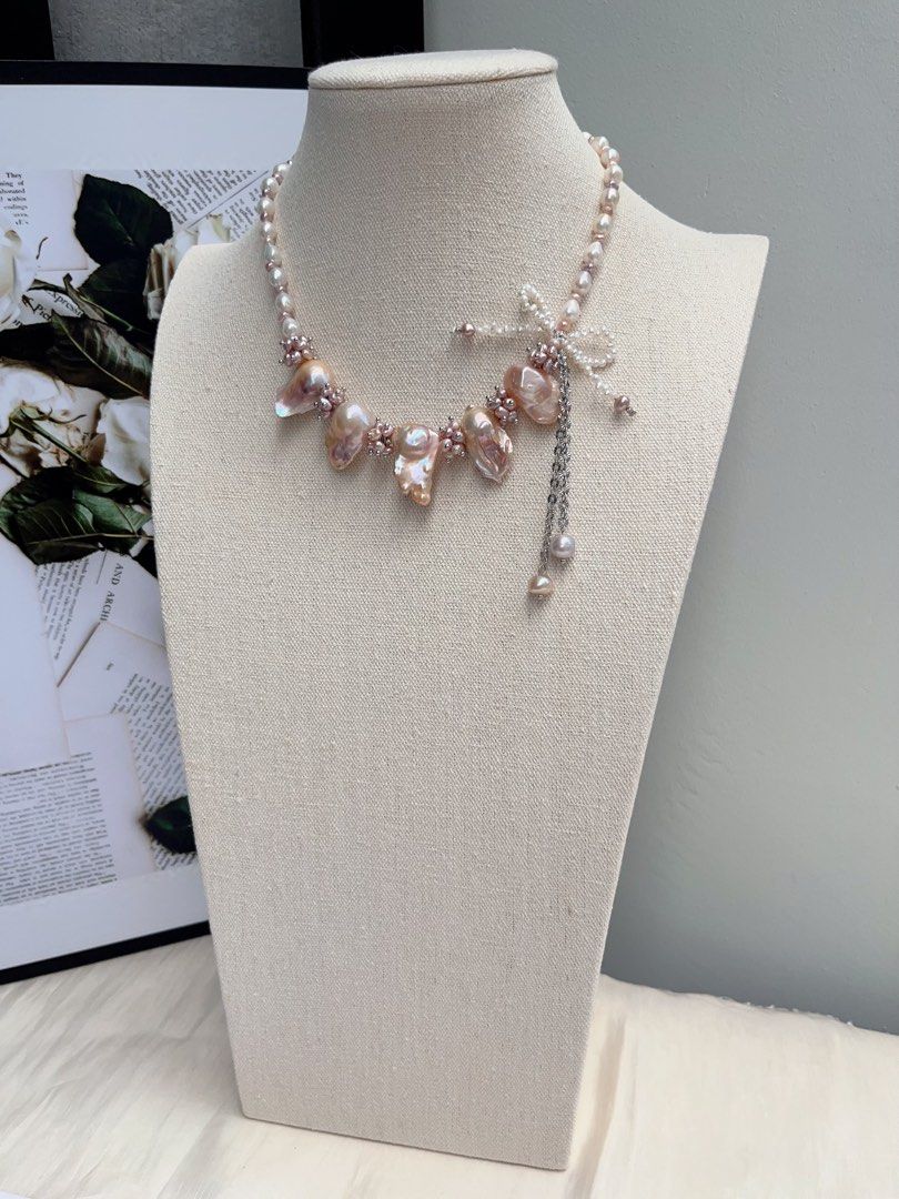 #PN1069 [Floral Series] Freshwater Pearl Necklace | Wisteria| Fishtail Baroque | Baby Pearl Bow Tie Structure | Lustrous | 40+5cm| Natural Defects| You Take The Dominance