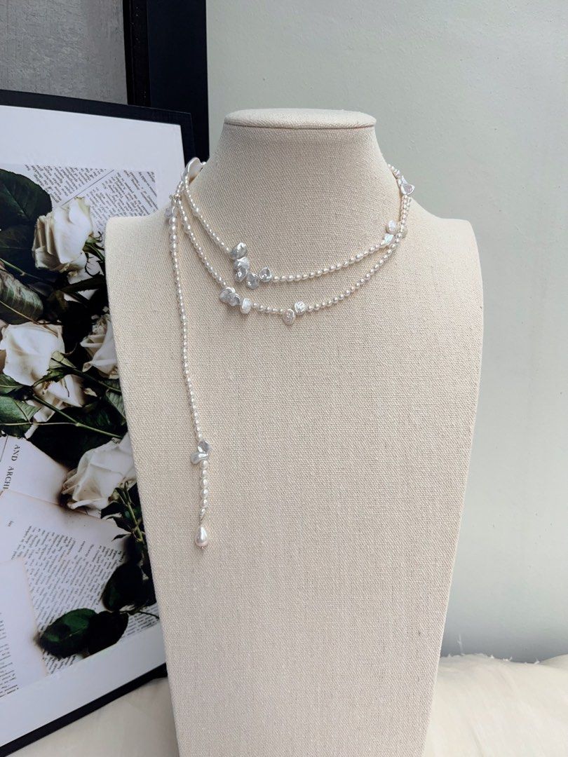 #PN1070 Freshwater Pearl Necklace |97cm Long Sweater Necklace | Silver Lustre Stone Pearl| Water-drop Baroque | Square Pearl | Wear at Any Length | Variable Wear| Lustrous | Ultimate Elegance | Dress as You Want