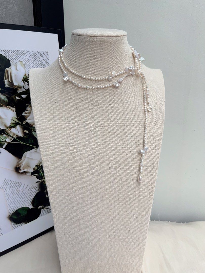 #PN1070 Freshwater Pearl Necklace |97cm Long Sweater Necklace | Silver Lustre Stone Pearl| Water-drop Baroque | Square Pearl | Wear at Any Length | Variable Wear| Lustrous | Ultimate Elegance | Dress as You Want