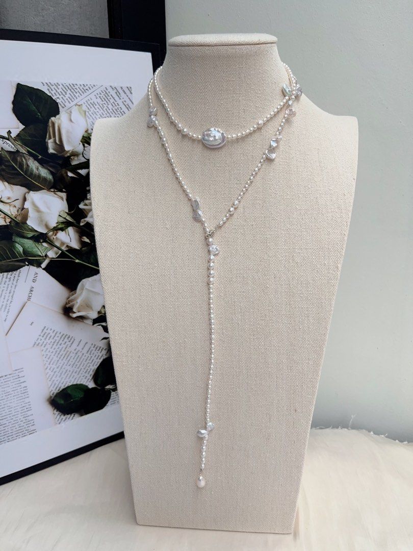#PN1070 Freshwater Pearl Necklace |97cm Long Sweater Necklace | Silver Lustre Stone Pearl| Water-drop Baroque | Square Pearl | Wear at Any Length | Variable Wear| Lustrous | Ultimate Elegance | Dress as You Want
