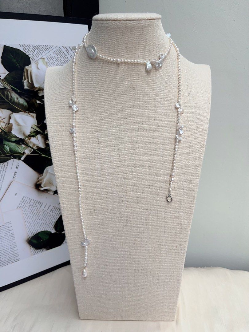 #PN1070 Freshwater Pearl Necklace |97cm Long Sweater Necklace | Silver Lustre Stone Pearl| Water-drop Baroque | Square Pearl | Wear at Any Length | Variable Wear| Lustrous | Ultimate Elegance | Dress as You Want