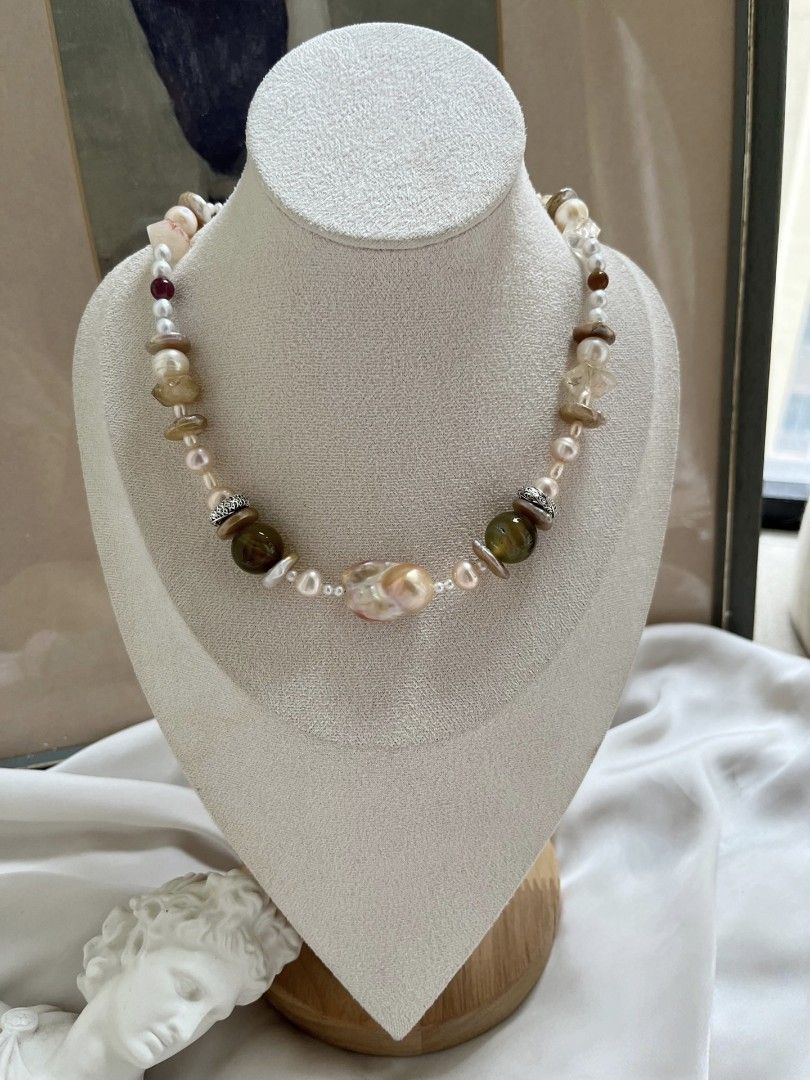 #PN1071 Freshwater Pearl Necklace| Vacation Time| Big Champagne Fishtail Baroque Pearl| Golden Coin Pearl| Tsavor| Citrine Faceted| 45cm| Christmas 🎄 Gift