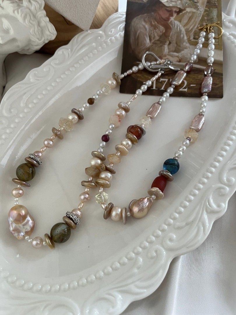 #PN1071 Freshwater Pearl Necklace| Vacation Time| Big Champagne Fishtail Baroque Pearl| Golden Coin Pearl| Tsavor| Citrine Faceted| 45cm| Christmas 🎄 Gift