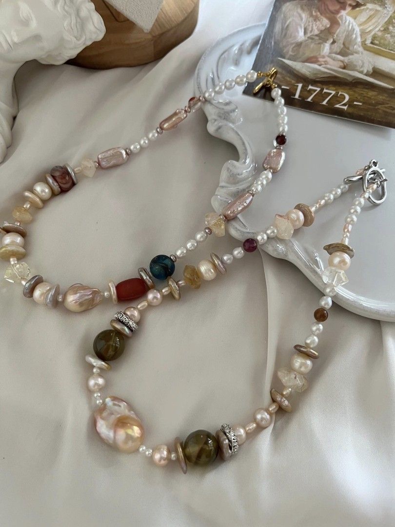 #PN1071 Freshwater Pearl Necklace| Vacation Time| Big Champagne Fishtail Baroque Pearl| Golden Coin Pearl| Tsavor| Citrine Faceted| 45cm| Christmas 🎄 Gift