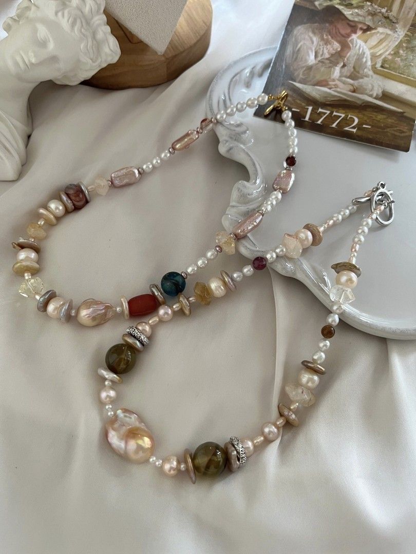 #PN1071 Freshwater Pearl Necklace| Vacation Time| Big Champagne Fishtail Baroque Pearl| Golden Coin Pearl| Tsavor| Citrine Faceted| 45cm| Christmas 🎄 Gift