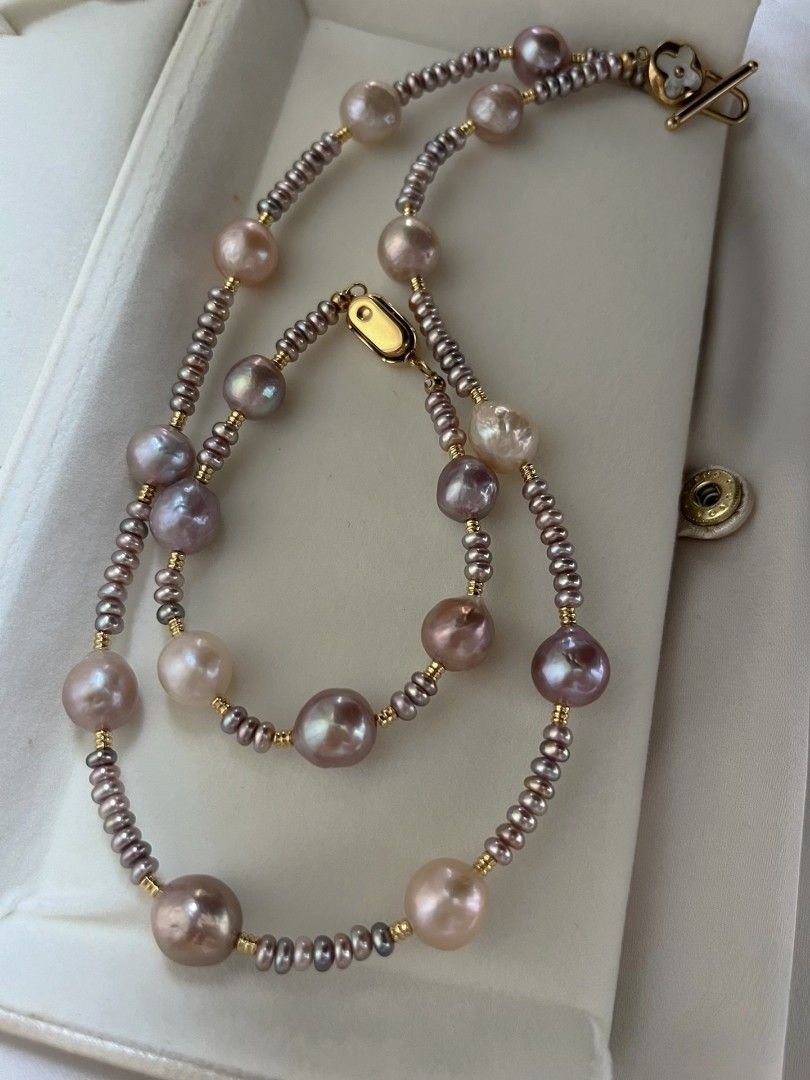 #PN1075 Freshwater Pearl Necklace & Bracelet Set| Classics Last Forever| Selected Layered Chips Pearl| 9-11mm| 45cm| Gift for All Occasions