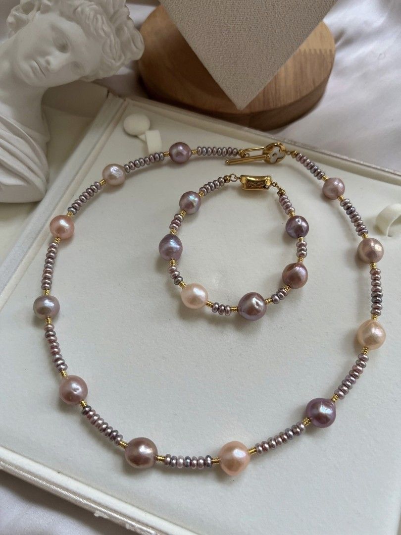 #PN1075 Freshwater Pearl Necklace & Bracelet Set| Classics Last Forever| Selected Layered Chips Pearl| 9-11mm| 45cm| Gift for All Occasions