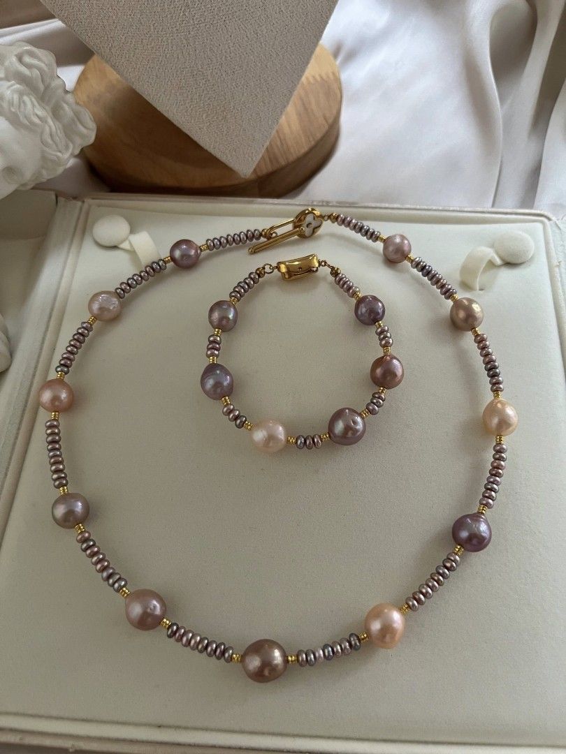 #PN1075 Freshwater Pearl Necklace & Bracelet Set| Classics Last Forever| Selected Layered Chips Pearl| 9-11mm| 45cm| Gift for All Occasions