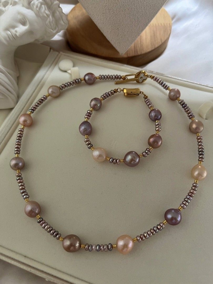 #PN1075 Freshwater Pearl Necklace & Bracelet Set| Classics Last Forever| Selected Layered Chips Pearl| 9-11mm| 45cm| Gift for All Occasions