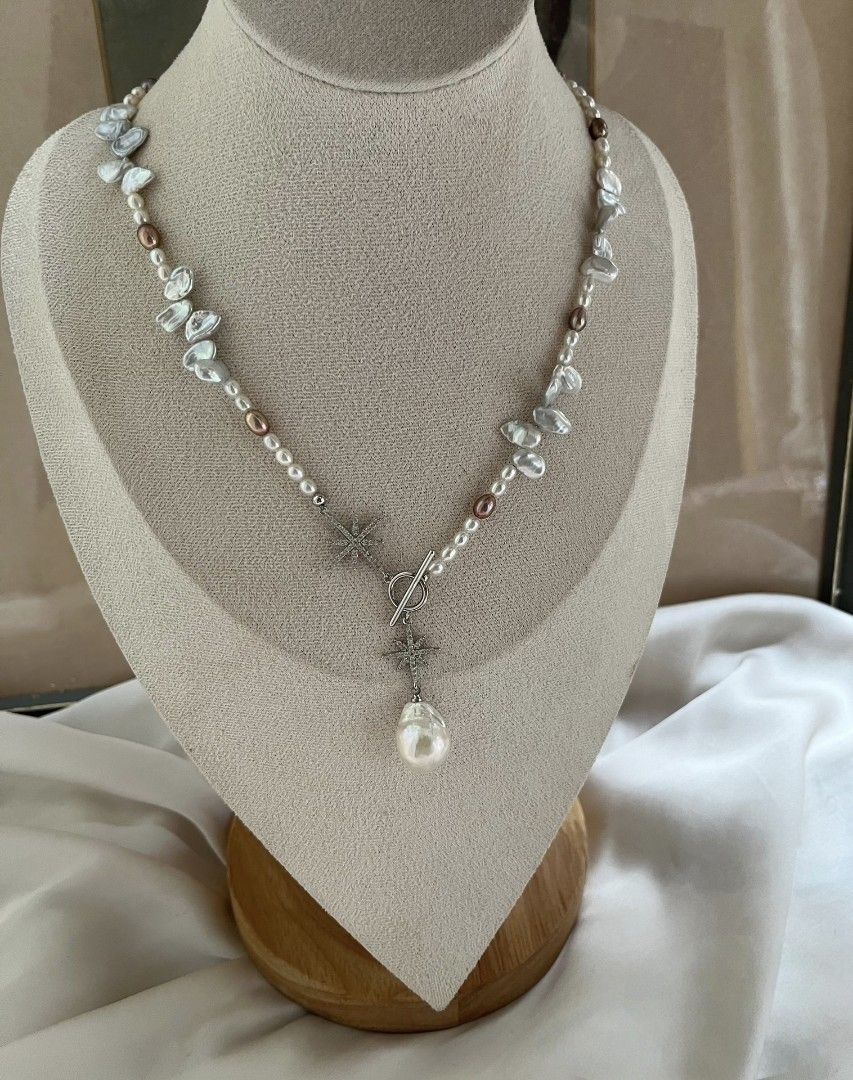 #PN1076 Freshwater Pearl Necklace| Blue Lustrous Petals| Aurora Mirror Lustre 3.5-4mm Baby Rice Baroque| Simplicity Gives Elegance| 13.2mm Big Pendant| 45cm| Anniversary 🎁