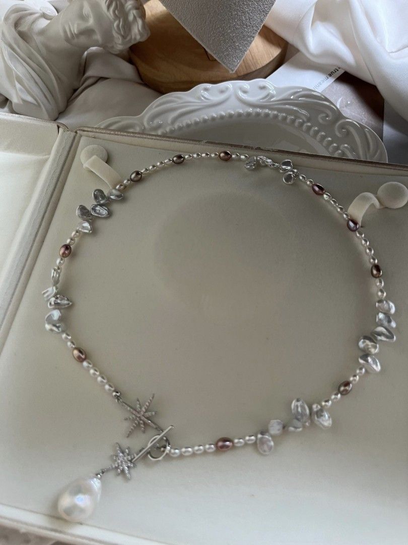 #PN1076 Freshwater Pearl Necklace| Blue Lustrous Petals| Aurora Mirror Lustre 3.5-4mm Baby Rice Baroque| Simplicity Gives Elegance| 13.2mm Big Pendant| 45cm| Anniversary 🎁