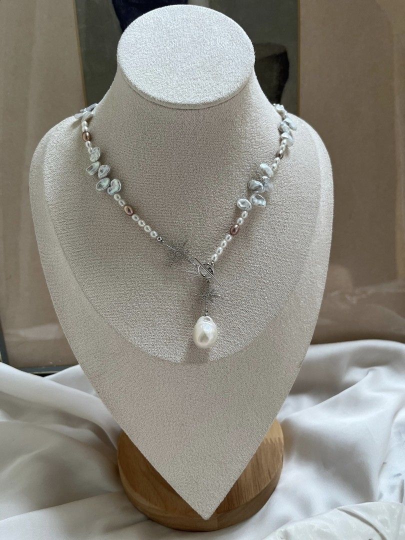 #PN1076 Freshwater Pearl Necklace| Blue Lustrous Petals| Aurora Mirror Lustre 3.5-4mm Baby Rice Baroque| Simplicity Gives Elegance| 13.2mm Big Pendant| 45cm| Anniversary 🎁