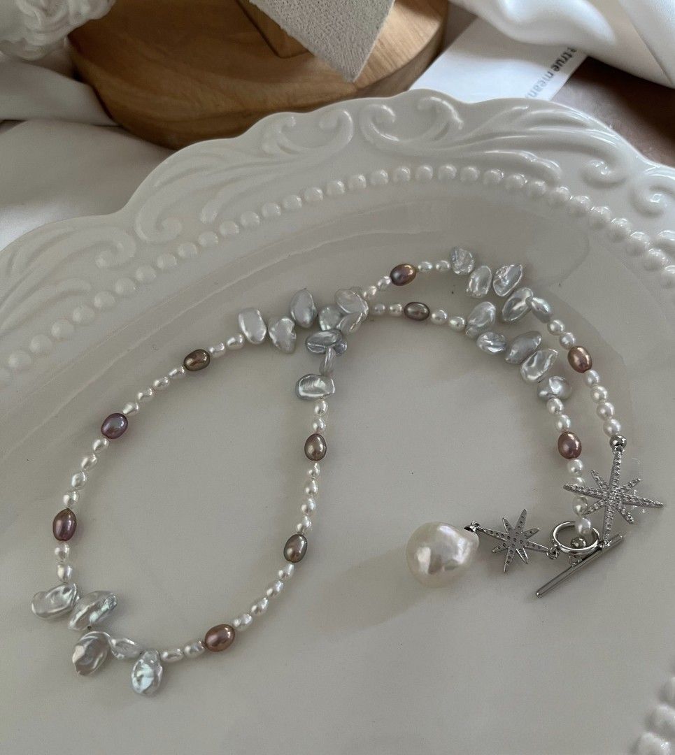 #PN1076 Freshwater Pearl Necklace| Blue Lustrous Petals| Aurora Mirror Lustre 3.5-4mm Baby Rice Baroque| Simplicity Gives Elegance| 13.2mm Big Pendant| 45cm| Anniversary 🎁