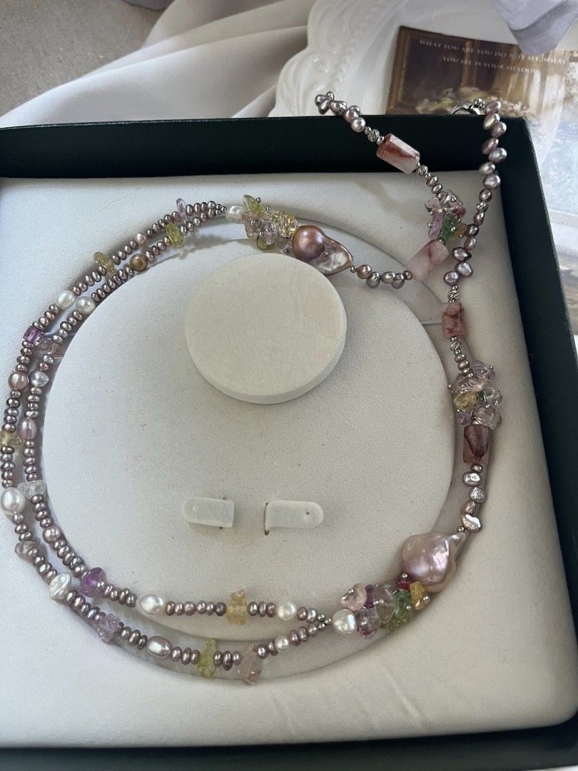 #PN1080 [Floral Series] Freshwater Pearl Necklace| 67cm Long Sweater Necklace| 2 Layers| Blossoming Garden Theme| Fishtail Baroque Pearl| Fire Quartz Barrel| Birthday Gift| Forever Young 🌱