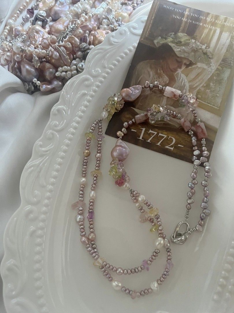 #PN1080 [Floral Series] Freshwater Pearl Necklace| 67cm Long Sweater Necklace| 2 Layers| Blossoming Garden Theme| Fishtail Baroque Pearl| Fire Quartz Barrel| Birthday Gift| Forever Young 🌱