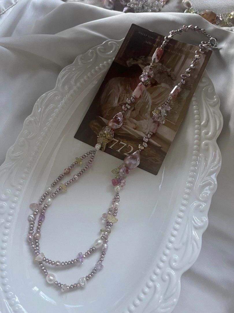 #PN1080 [Floral Series] Freshwater Pearl Necklace| 67cm Long Sweater Necklace| 2 Layers| Blossoming Garden Theme| Fishtail Baroque Pearl| Fire Quartz Barrel| Birthday Gift| Forever Young 🌱