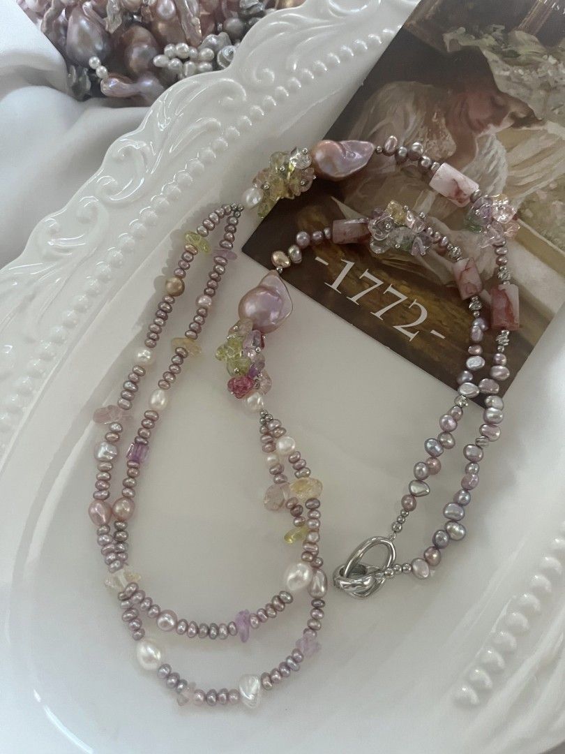 #PN1080 [Floral Series] Freshwater Pearl Necklace| 67cm Long Sweater Necklace| 2 Layers| Blossoming Garden Theme| Fishtail Baroque Pearl| Fire Quartz Barrel| Birthday Gift| Forever Young 🌱