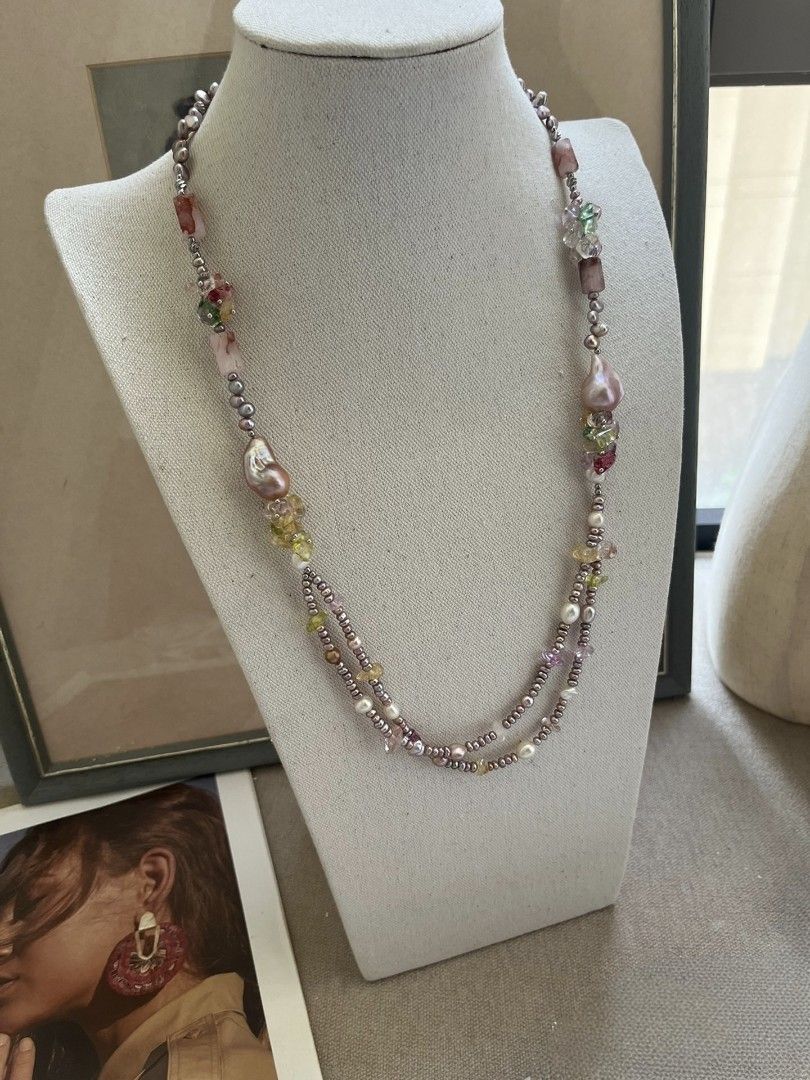 #PN1080 [Floral Series] Freshwater Pearl Necklace| 67cm Long Sweater Necklace| 2 Layers| Blossoming Garden Theme| Fishtail Baroque Pearl| Fire Quartz Barrel| Birthday Gift| Forever Young 🌱