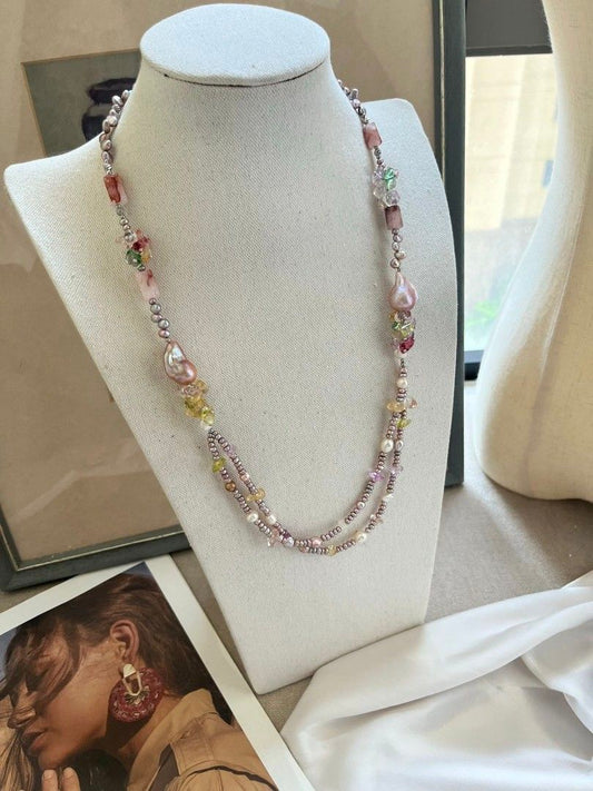 #PN1080 [Floral Series] Freshwater Pearl Necklace| 67cm Long Sweater Necklace| 2 Layers| Blossoming Garden Theme| Fishtail Baroque Pearl| Fire Quartz Barrel| Birthday Gift| Forever Young 🌱