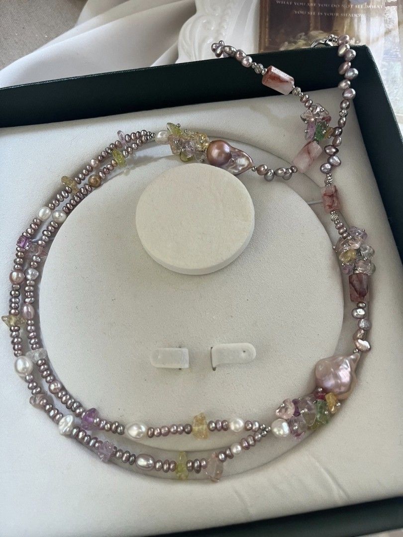 #PN1080 [Floral Series] Freshwater Pearl Necklace| 67cm Long Sweater Necklace| 2 Layers| Blossoming Garden Theme| Fishtail Baroque Pearl| Fire Quartz Barrel| Birthday Gift| Forever Young 🌱