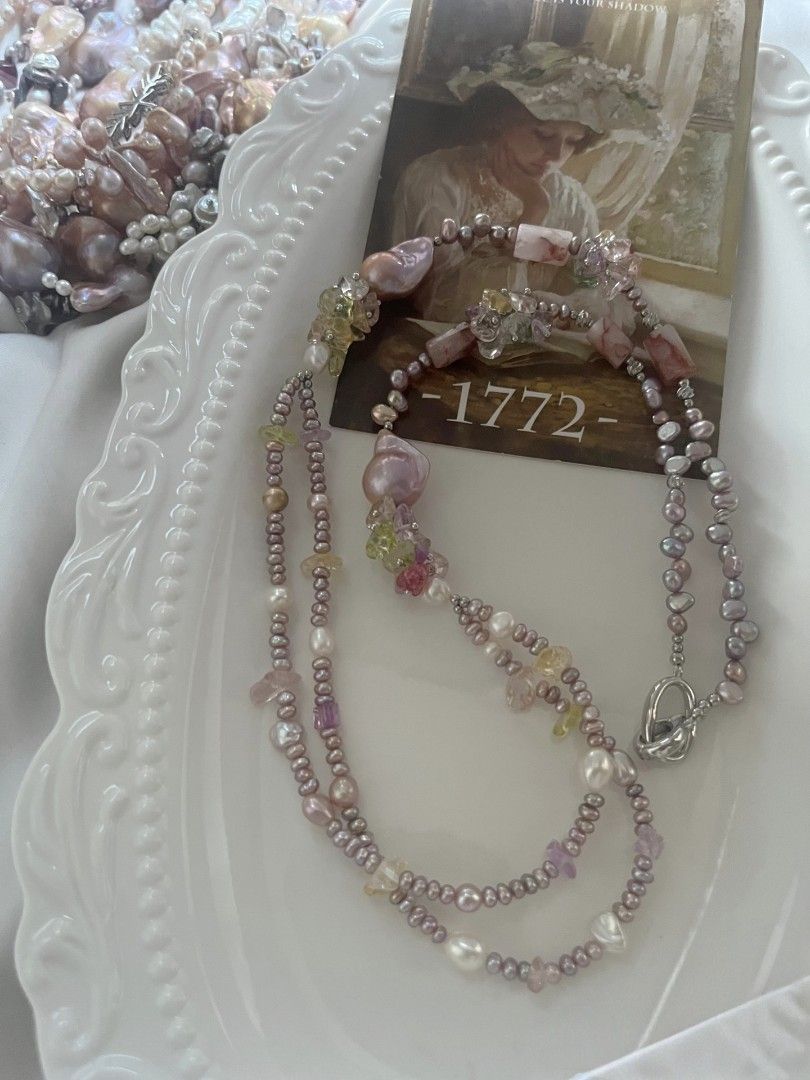 #PN1080 [Floral Series] Freshwater Pearl Necklace| 67cm Long Sweater Necklace| 2 Layers| Blossoming Garden Theme| Fishtail Baroque Pearl| Fire Quartz Barrel| Birthday Gift| Forever Young 🌱