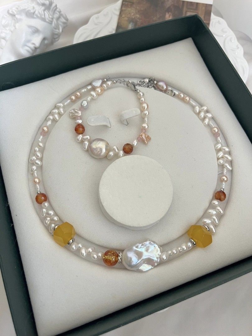 #PN1084 Freshwater Pearl Necklace & Bracelet Set| Mirror Lustre Coin Baroque| Pink-blue Luster Fishtail Baroque Pearl| Wheat Ear Design| Agate| 43+5cm| Shine In Your Own Way