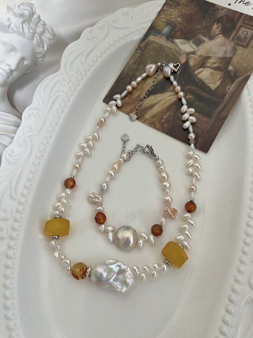 #PN1084 Freshwater Pearl Necklace & Bracelet Set| Mirror Lustre Coin Baroque| Pink-blue Luster Fishtail Baroque Pearl| Wheat Ear Design| Agate| 43+5cm| Shine In Your Own Way