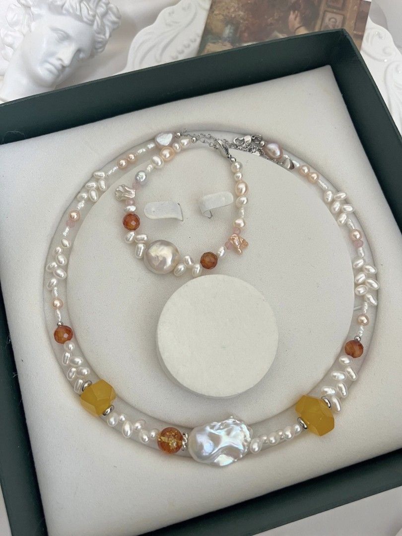 #PN1084 Freshwater Pearl Necklace & Bracelet Set| Mirror Lustre Coin Baroque| Pink-blue Luster Fishtail Baroque Pearl| Wheat Ear Design| Agate| 43+5cm| Shine In Your Own Way