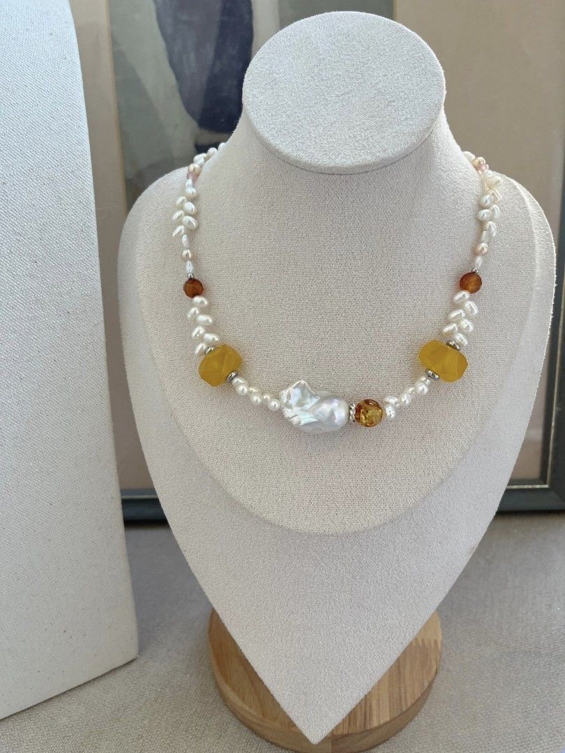 #PN1084 Freshwater Pearl Necklace & Bracelet Set| Mirror Lustre Coin Baroque| Pink-blue Luster Fishtail Baroque Pearl| Wheat Ear Design| Agate| 43+5cm| Shine In Your Own Way