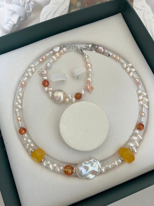 #PN1084 Freshwater Pearl Necklace & Bracelet Set| Mirror Lustre Coin Baroque| Pink-blue Luster Fishtail Baroque Pearl| Wheat Ear Design| Agate| 43+5cm| Shine In Your Own Way