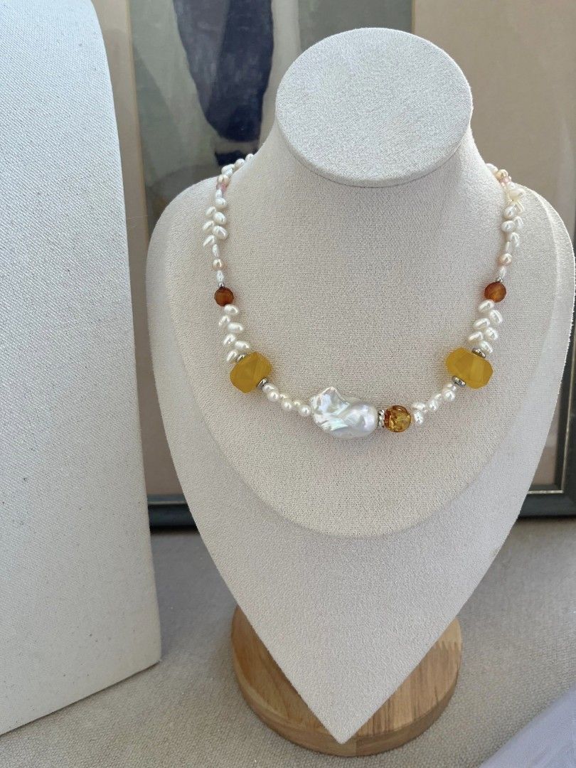 #PN1084 Freshwater Pearl Necklace & Bracelet Set| Mirror Lustre Coin Baroque| Pink-blue Luster Fishtail Baroque Pearl| Wheat Ear Design| Agate| 43+5cm| Shine In Your Own Way