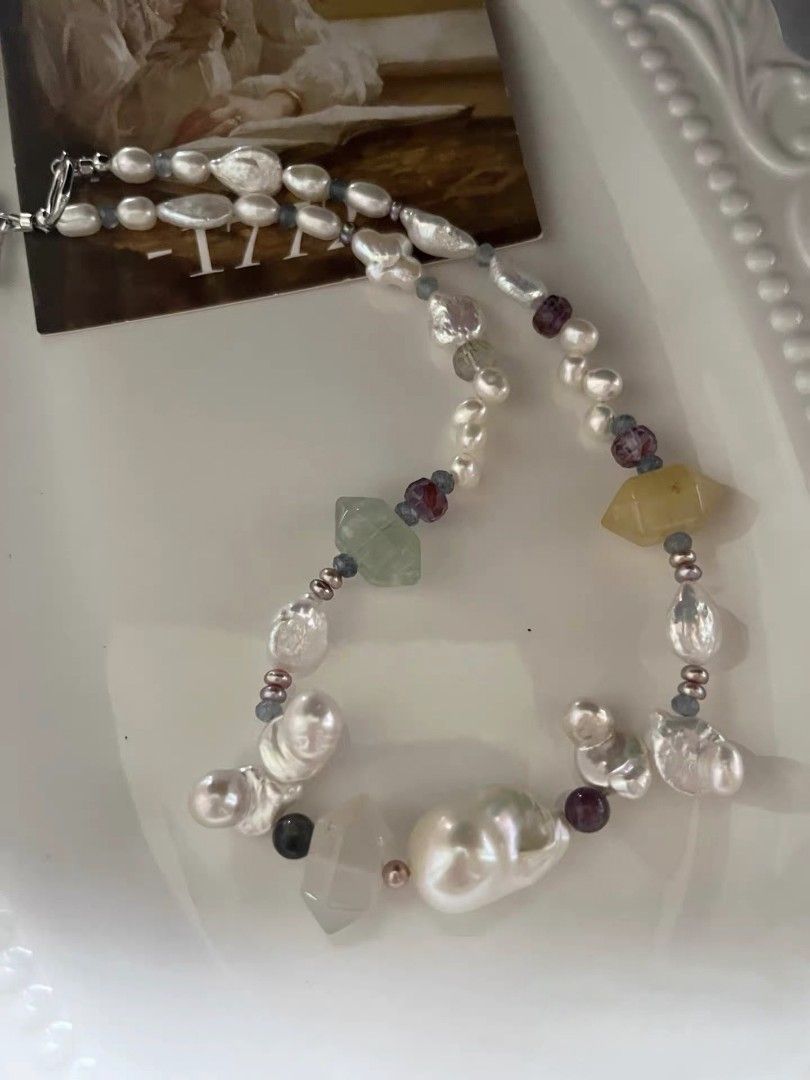 #PN1086 Freshwater Pearl Necklace| Irregular Shape Baroque Pearl| Lustrous| Natural Stones Double-headed Tower| Pink Purple Petals| Fishtail Baroque Pearl| Wheat Ear Design| Clover Clasp| 43.5cm