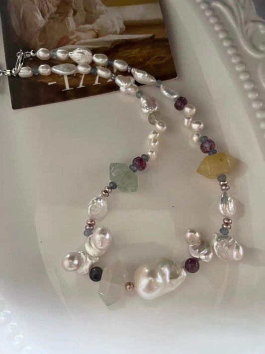 #PN1086 Freshwater Pearl Necklace| Irregular Shape Baroque Pearl| Lustrous| Natural Stones Double-headed Tower| Pink Purple Petals| Fishtail Baroque Pearl| Wheat Ear Design| Clover Clasp| 43.5cm