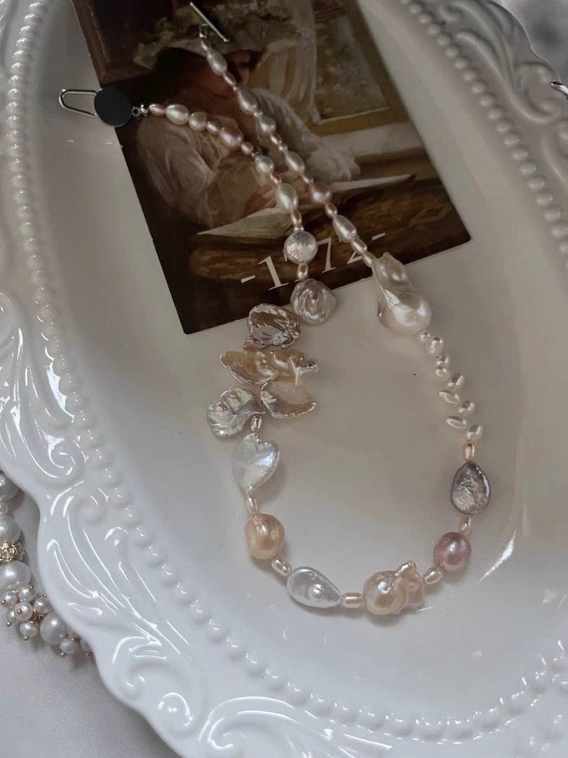 #PN1086 Freshwater Pearl Necklace| Irregular Shape Baroque Pearl| Lustrous| Natural Stones Double-headed Tower| Pink Purple Petals| Fishtail Baroque Pearl| Wheat Ear Design| Clover Clasp| 43.5cm