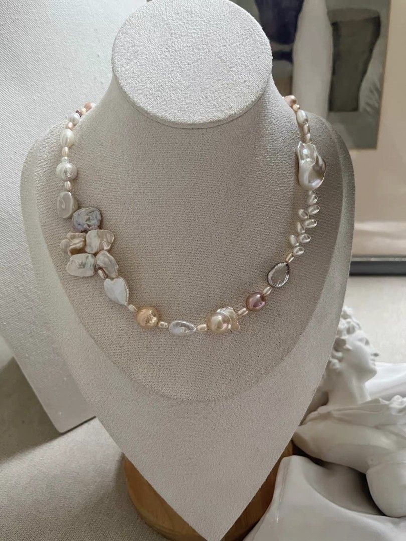 #PN1086 Freshwater Pearl Necklace| Irregular Shape Baroque Pearl| Lustrous| Natural Stones Double-headed Tower| Pink Purple Petals| Fishtail Baroque Pearl| Wheat Ear Design| Clover Clasp| 43.5cm