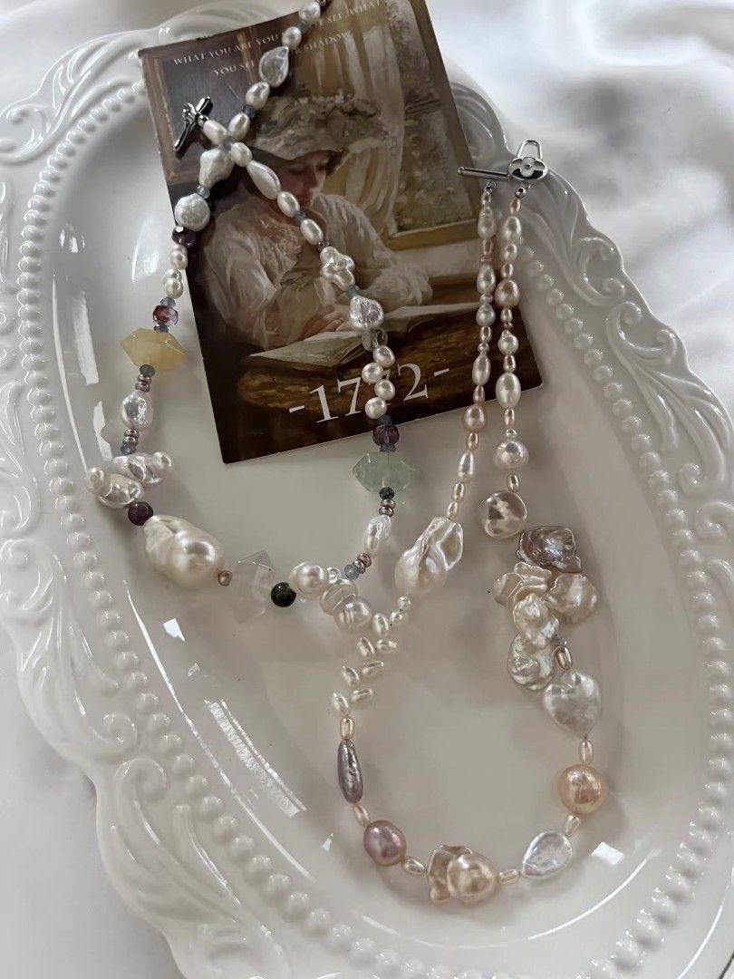 #PN1086 Freshwater Pearl Necklace| Irregular Shape Baroque Pearl| Lustrous| Natural Stones Double-headed Tower| Pink Purple Petals| Fishtail Baroque Pearl| Wheat Ear Design| Clover Clasp| 43.5cm