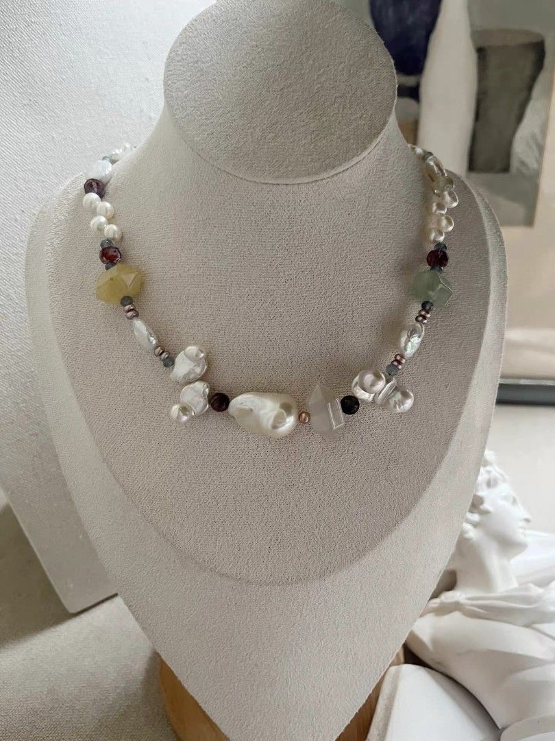 #PN1086 Freshwater Pearl Necklace| Irregular Shape Baroque Pearl| Lustrous| Natural Stones Double-headed Tower| Pink Purple Petals| Fishtail Baroque Pearl| Wheat Ear Design| Clover Clasp| 43.5cm