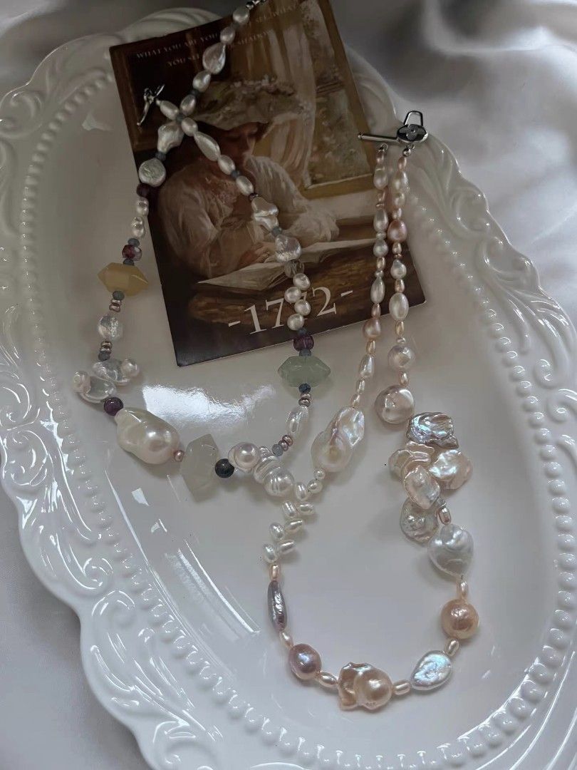 #PN1086 Freshwater Pearl Necklace| Irregular Shape Baroque Pearl| Lustrous| Natural Stones Double-headed Tower| Pink Purple Petals| Fishtail Baroque Pearl| Wheat Ear Design| Clover Clasp| 43.5cm