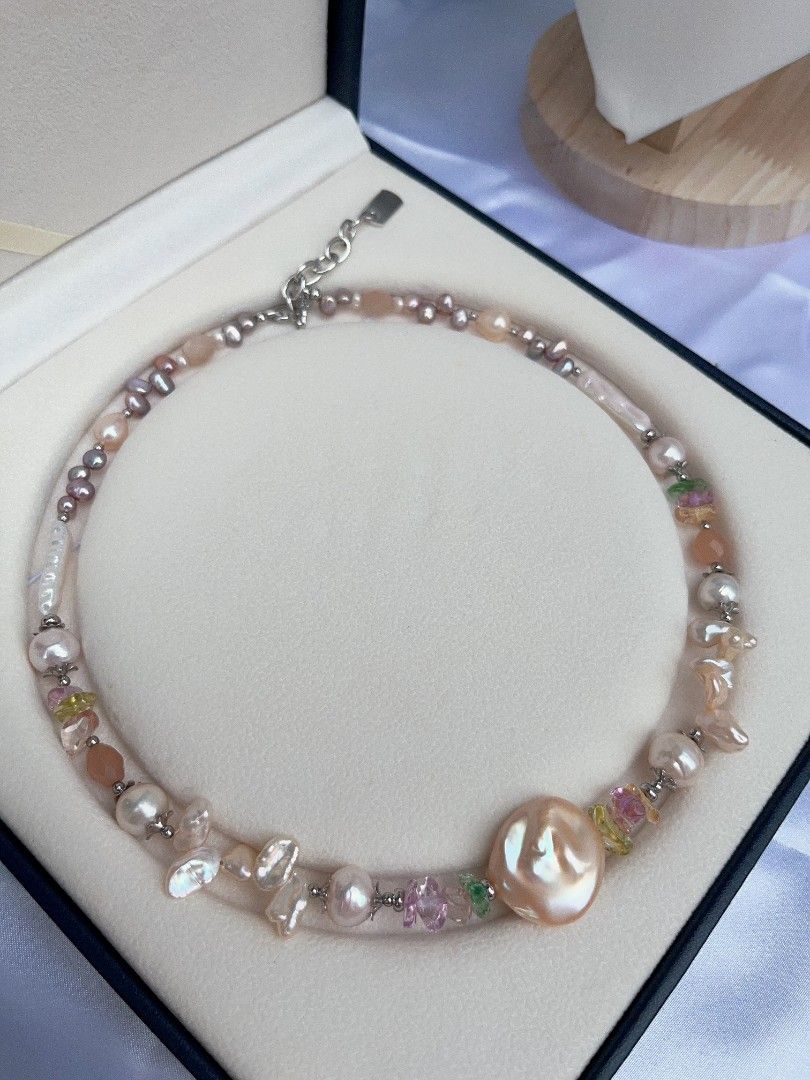 #PN1088 Freshwater Pearl Necklace| Topaz Chips| Baby Metallic Purple Baroque| Big Champagne UFO Shape Baroque| Petals| Lustrous| Peach Moonstone Faceted Oval