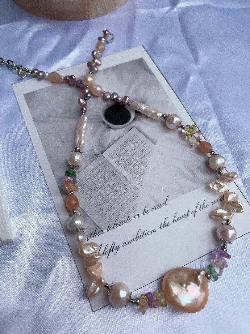 #PN1088 Freshwater Pearl Necklace| Topaz Chips| Baby Metallic Purple Baroque| Big Champagne UFO Shape Baroque| Petals| Lustrous| Peach Moonstone Faceted Oval