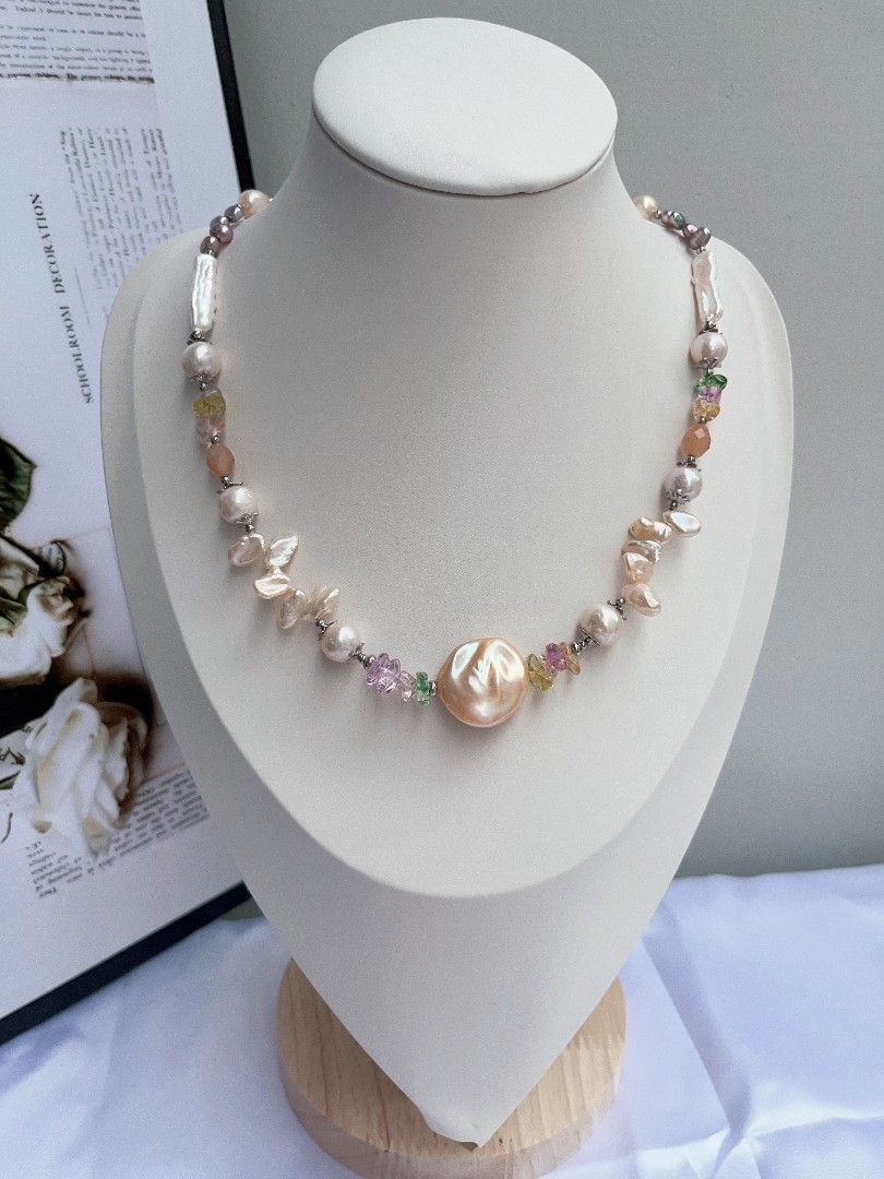 #PN1088 Freshwater Pearl Necklace| Topaz Chips| Baby Metallic Purple Baroque| Big Champagne UFO Shape Baroque| Petals| Lustrous| Peach Moonstone Faceted Oval