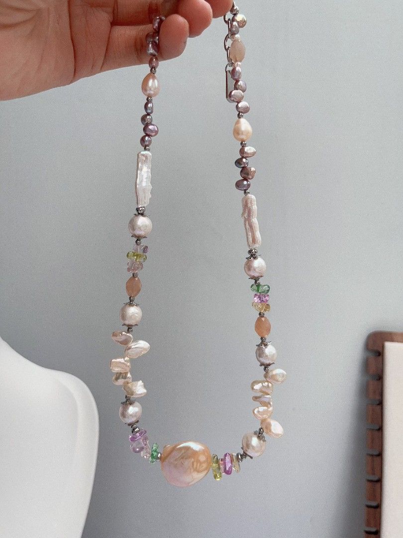 #PN1088 Freshwater Pearl Necklace| Topaz Chips| Baby Metallic Purple Baroque| Big Champagne UFO Shape Baroque| Petals| Lustrous| Peach Moonstone Faceted Oval