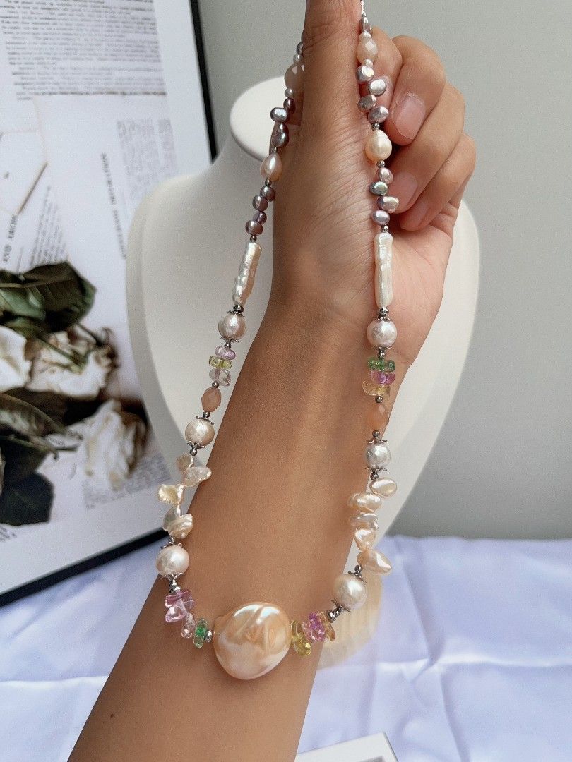 #PN1088 Freshwater Pearl Necklace| Topaz Chips| Baby Metallic Purple Baroque| Big Champagne UFO Shape Baroque| Petals| Lustrous| Peach Moonstone Faceted Oval