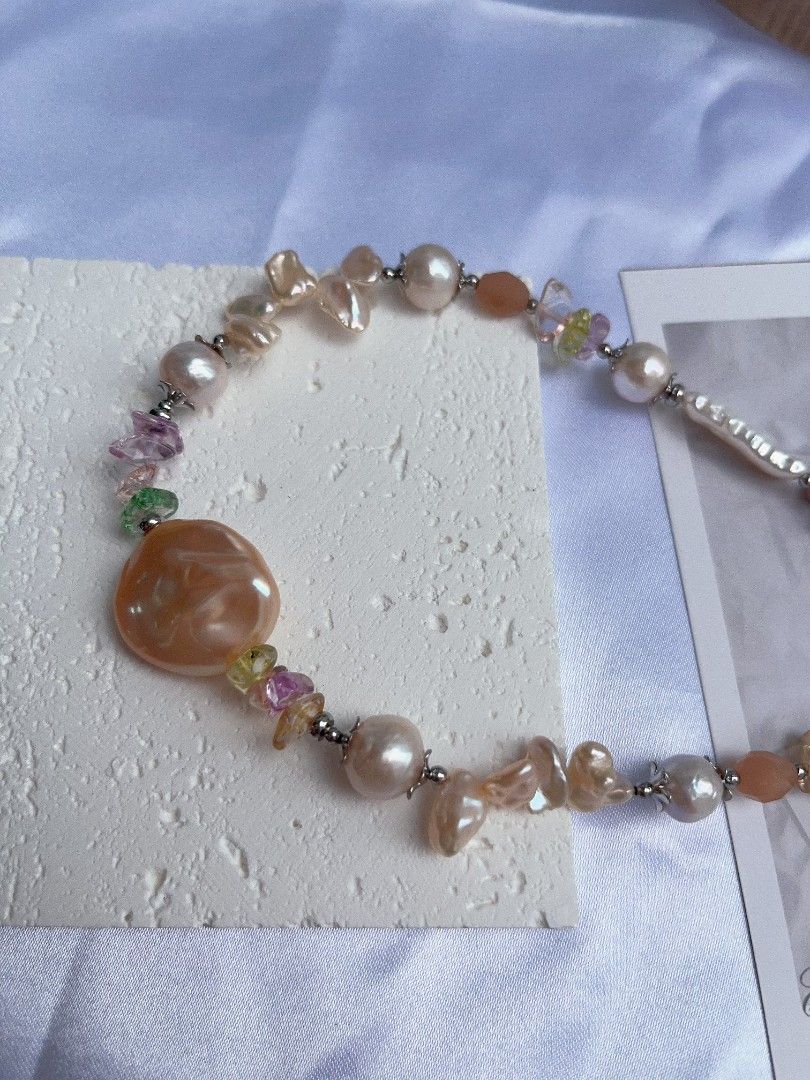 #PN1088 Freshwater Pearl Necklace| Topaz Chips| Baby Metallic Purple Baroque| Big Champagne UFO Shape Baroque| Petals| Lustrous| Peach Moonstone Faceted Oval