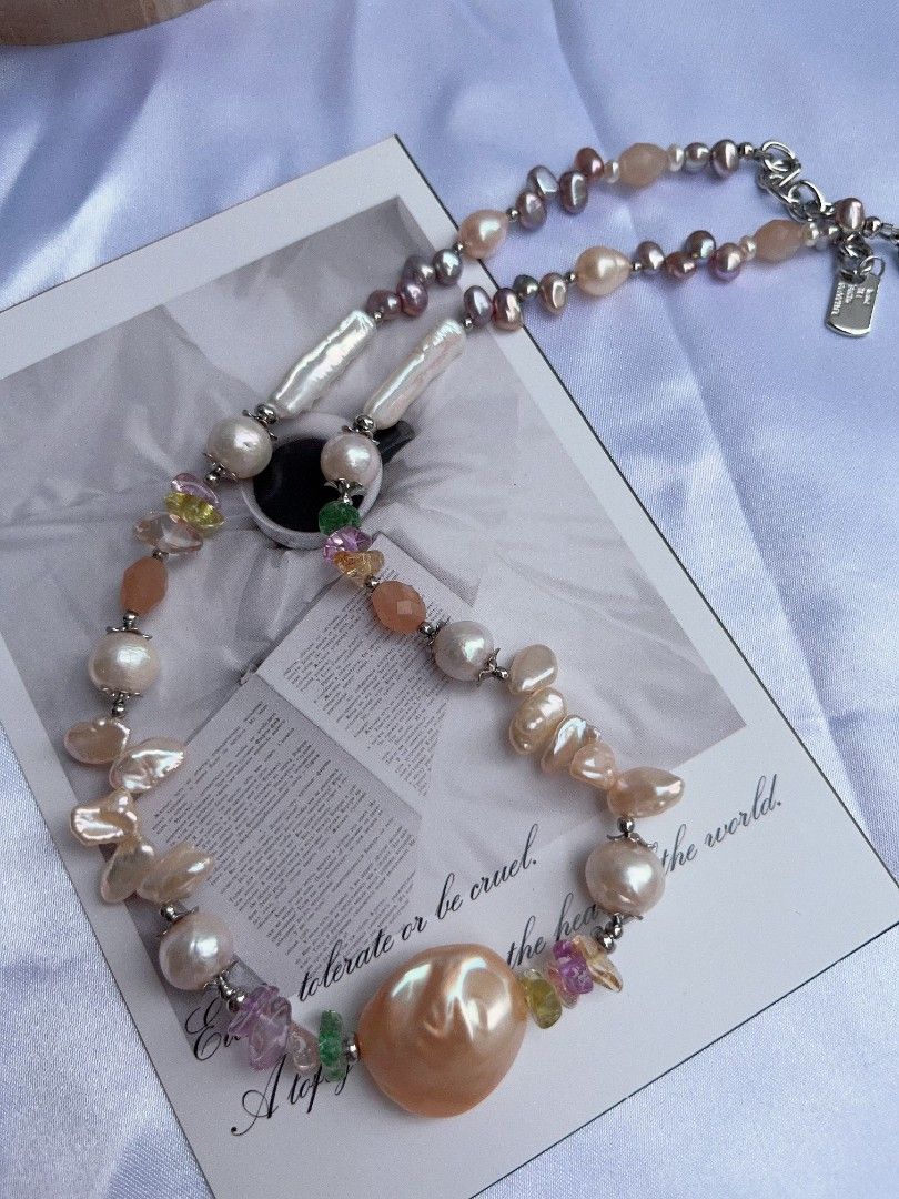 #PN1088 Freshwater Pearl Necklace| Topaz Chips| Baby Metallic Purple Baroque| Big Champagne UFO Shape Baroque| Petals| Lustrous| Peach Moonstone Faceted Oval