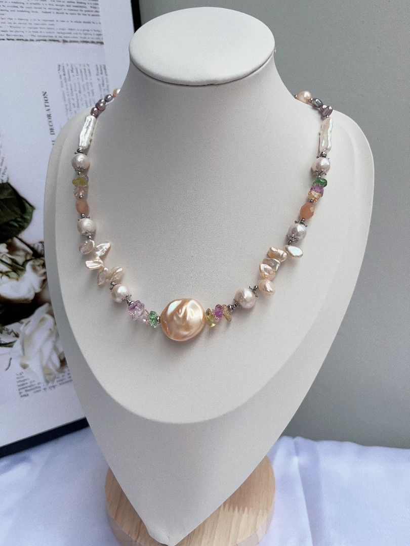 #PN1088 Freshwater Pearl Necklace| Topaz Chips| Baby Metallic Purple Baroque| Big Champagne UFO Shape Baroque| Petals| Lustrous| Peach Moonstone Faceted Oval