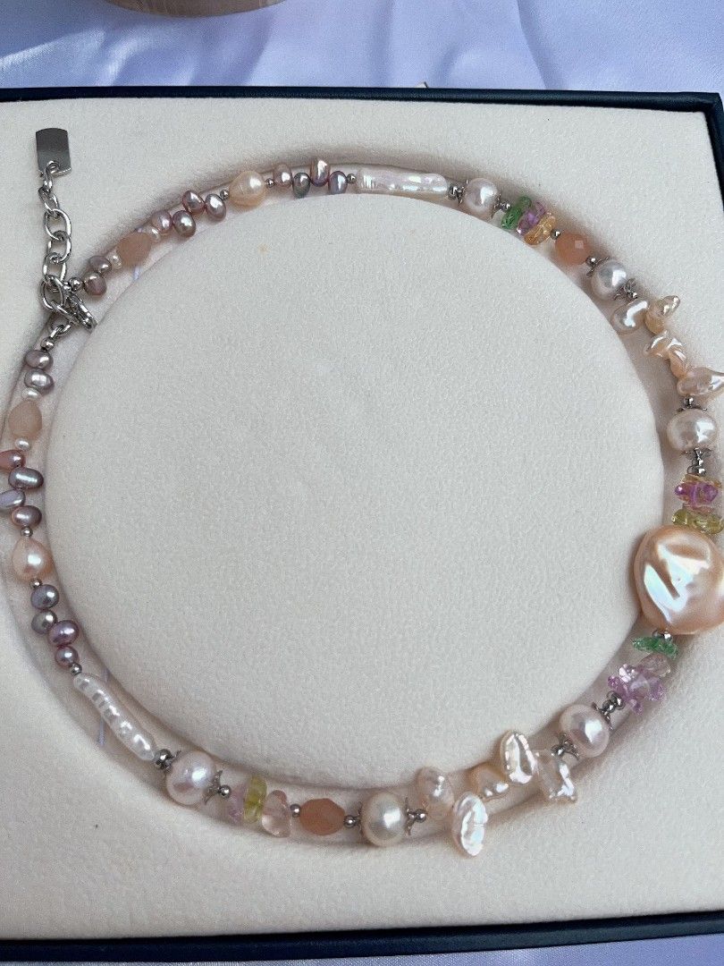 #PN1088 Freshwater Pearl Necklace| Topaz Chips| Baby Metallic Purple Baroque| Big Champagne UFO Shape Baroque| Petals| Lustrous| Peach Moonstone Faceted Oval