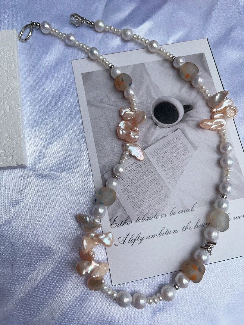 #PN1089 Freshwater Pearl Necklace| Baby Pearl| White Wedding| Light Champagne Long Petals| Lustrous| You Deserve It| Zircon Clasp| 52cm