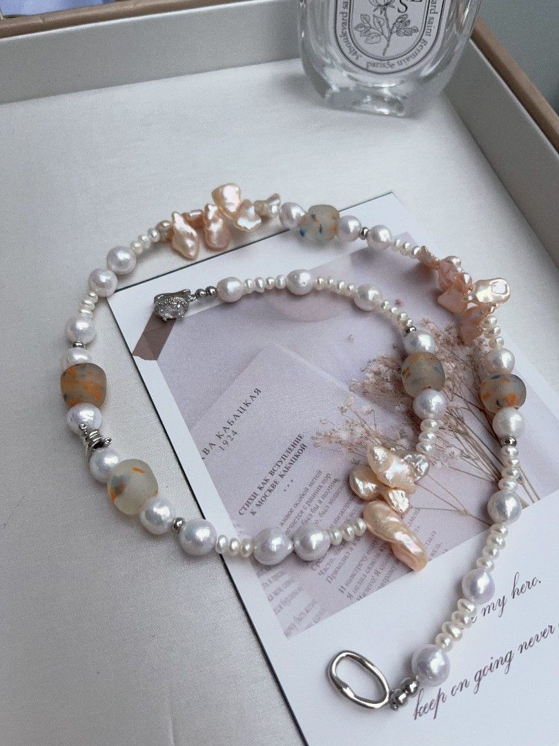 #PN1089 Freshwater Pearl Necklace| Baby Pearl| White Wedding| Light Champagne Long Petals| Lustrous| You Deserve It| Zircon Clasp| 52cm